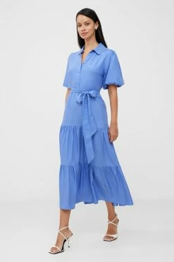 French Connection Puff Sleeve Tiered Midi Shirt Dress